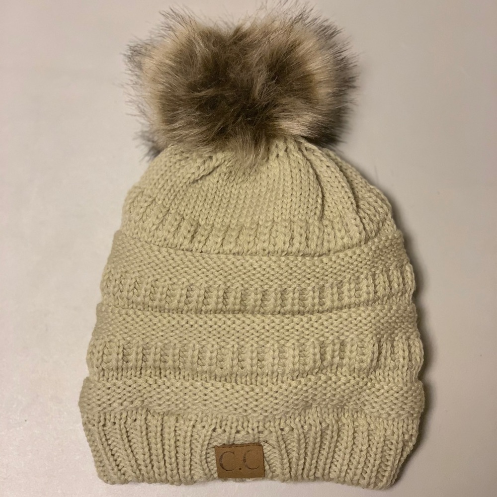 C.C Pom Pom winter beanie, lined knitted hat